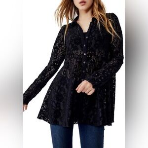 Free People Black Lace Button-Front Tunic